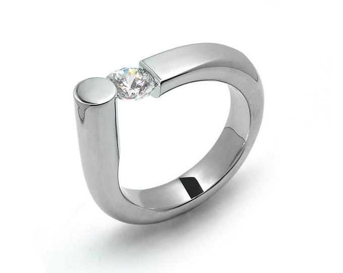 0.75 White Sapphire Ring Tension Set in Stainless Steel by Taormina Jewelry