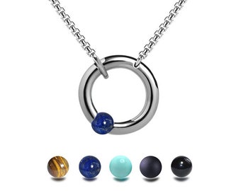 Stainless Steel chain V necklace with round pendant and offset Tension Set Lapis Lazuli