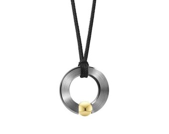 ABBRACCI flat round pendant on a cord with tension set gold sphere in stainless steel by Taormina Jewelry