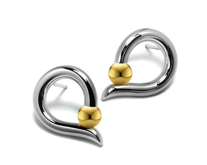 ONDE Teardrop shaped stud earrings with tension set gold sphere in stainless steel by Taormina Jewelry