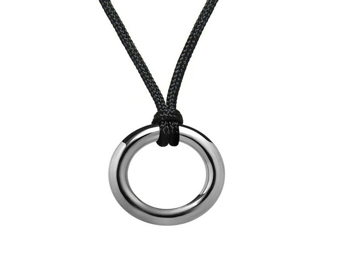 Oval Ring Pendant with textile cord necklace in Stainless Steel Modern Design by Taormina Jewelry