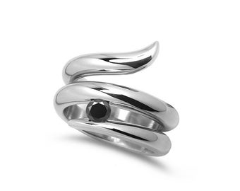 ONDE Swirl double row bypass ring with tension set black diamond in stainless steel by Taormina Jewelry