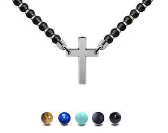 Black onyx beads necklace with stainless steel Cross in the center by Taormina Jewelry