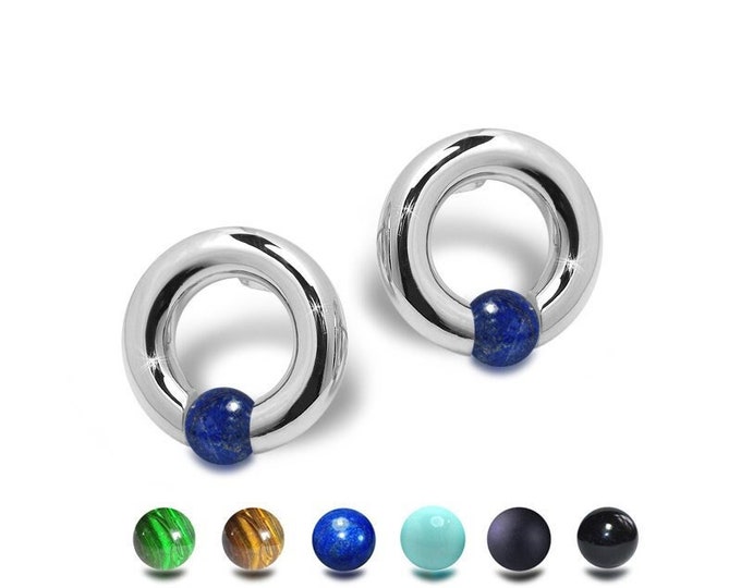 LUNA Circle tubular stud earrings with tension set semiprecious sphere in stainless steel by Taormina Jewelry