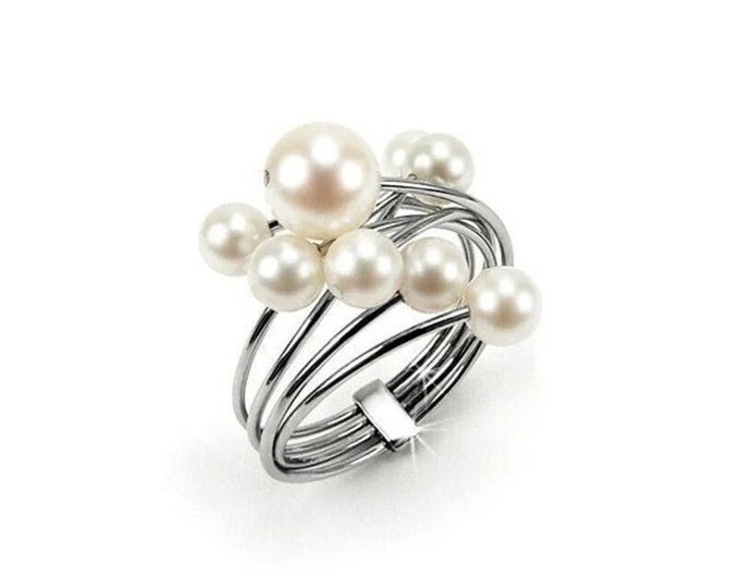 FILO multi wire ring with white pearls cluster in stainless steel by Taormina Jewelry