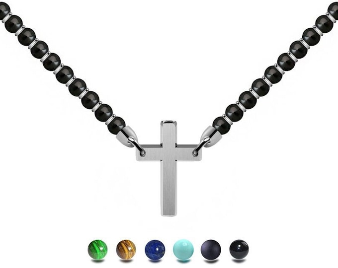 CROCE semiprecious beads necklace with stainless steel flat cross in the center by Taormina Jewelry