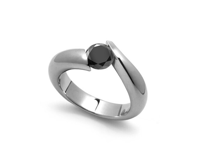 ONDE Swirl Bypass ring with tension set black diamond in stainless steel by Taormina Jewelry