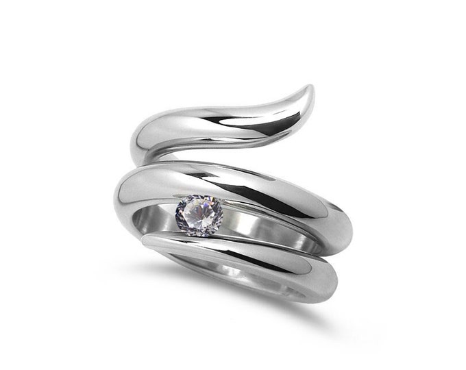 ONDE double rows bypass ring with tension set white sapphire in stainless steel by Taormina Jewelry