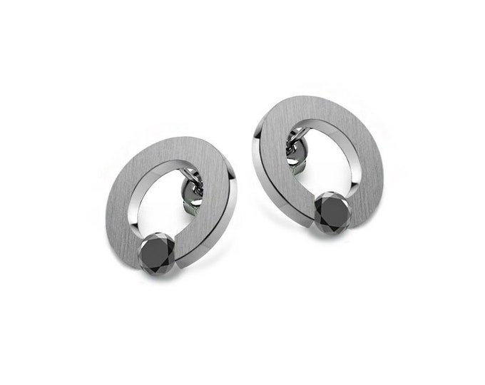ABBRACCI Black Diamond tension set round flat stud earrings in stainless steel by Taormina Jewelry