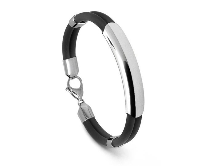 Double tubular black rubber bracelet flat curved element in stainless steel by Taormina Jewelry
