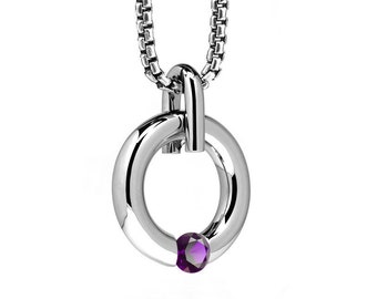 Amethyst Tension Set Round Pendant in Stainless Steel by Taormina Jewelry