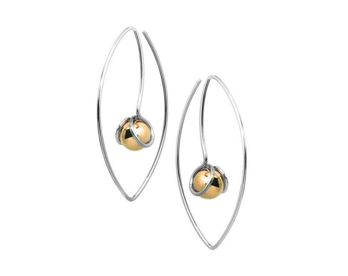 FILO cat eye shaped wire drop earrings with Gold Sphere in stainless steel by Taormina Jewelry