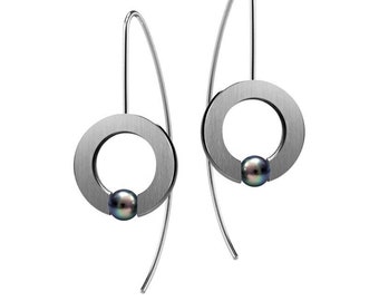Black Pearls tension set round flat drop earrings in stainless steel by Taormina Jewelry