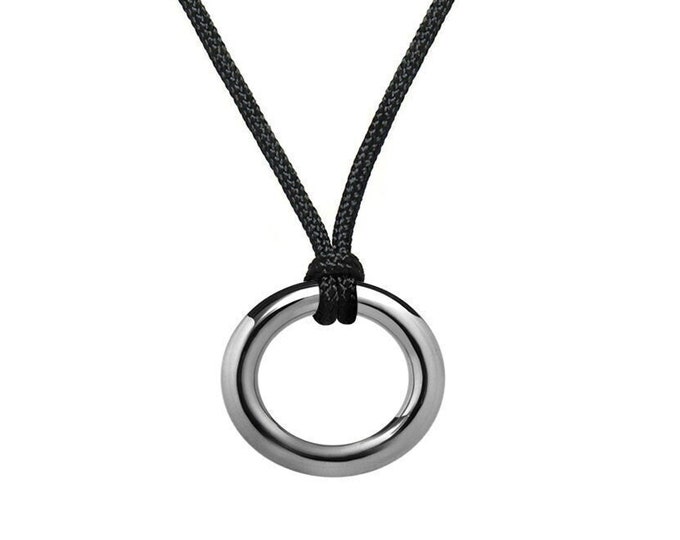 Oval horizontal tubular pendant on textile cord necklace in stainless steel by Taormina Jewelry