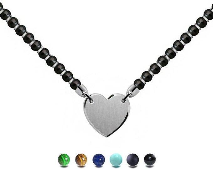 CUORE semiprecious beads necklace with stainless steel flat heart in the center by Taormina Jewelry