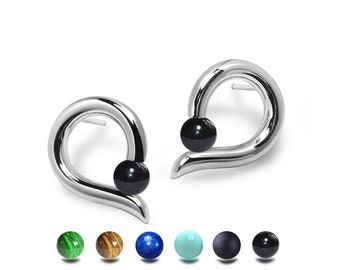 ONDE Teardrop shaped stud earrings with tension set semiprecious sphere in stainless steel by Taormina Jewelry