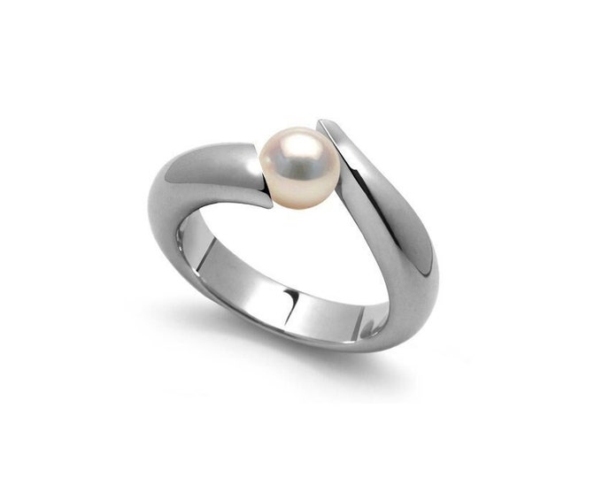 ONDE Swirl Bypass ring with tension set white pearls in stainless steel by Taormina Jewelry