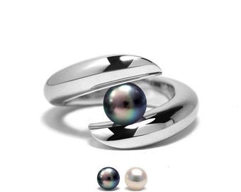 ONDE tubular bypass ring with tension set Pearl in stainless steel
