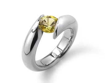 1ct Yellow Sapphire Bypass Tension Set Ring in Stainless Steel by Taormina Jewelry