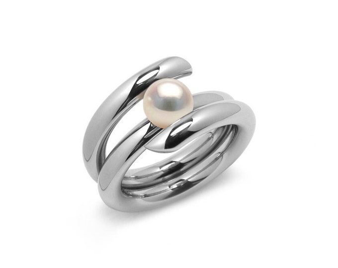 ILIANA High rise setting tubular bypass ring with tension set White Pearl in stainless steel by Taormina Jewelry