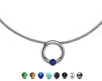 LUNA round tubular pendant with tension set semiprecious sphere on a cable choker in stainless steel by Taormina Jewelry