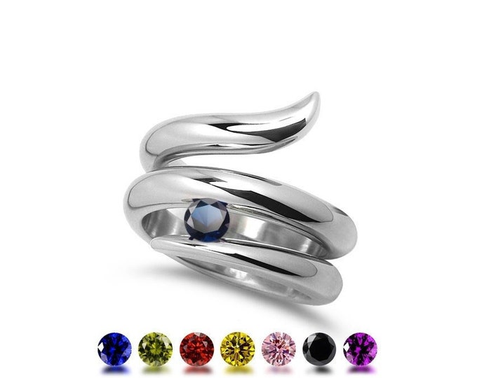 ONDE Snake shaped ring with a tension set colored gemstones in stainless steel by Taormina Jewelry