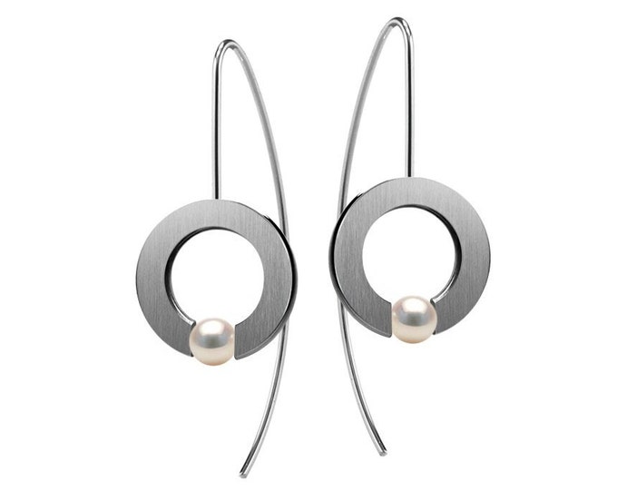 ABBRACCI Drop flat earrings with tension set cultured white pearls in stainless steel by Taormina Jewelry