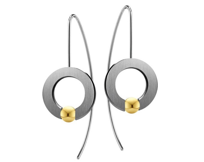 ABBRACCI tension set round flat drop earrings with tension set gold sphere in stainless steel by Taormina Jewelry