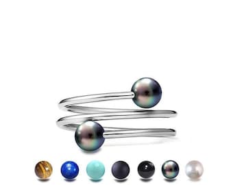 FILO thin spiral wire ring with Black Pearls in Stainless Steel