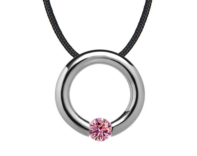 Pink Sapphire Tension Set Circle Pendant in Stainless Steel by Taormina Jewelry