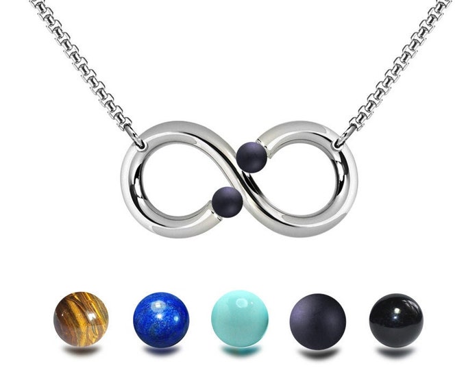 Infinity Necklace with assorted tension set semiprecious spheres in Steel Stainless by Taormina Jewelry