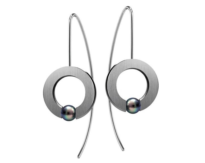 ABBRACCI Black Pearls tension set round flat drop earrings in stainless steel by Taormina Jewelry