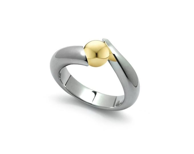 ONDE Swirl Bypass ring with tension set gold sphere in stainless steel by Taormina Jewelry