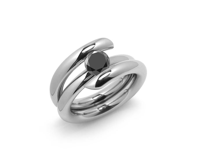 ILIANA High rise setting tubular bypass ring with tension set Black Diamond in stainless steel by Taormina Jewelry