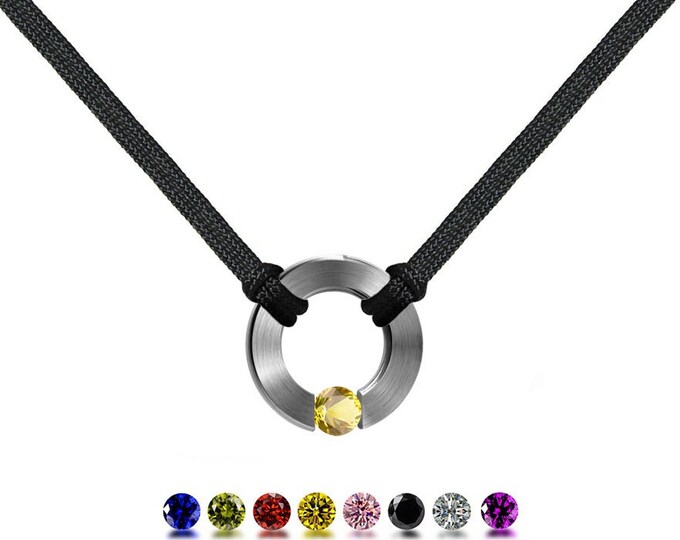 ABBRACCI double cord necklace with round center flat element with tension set colored sapphires in stainless steel by Taormina Jewelry