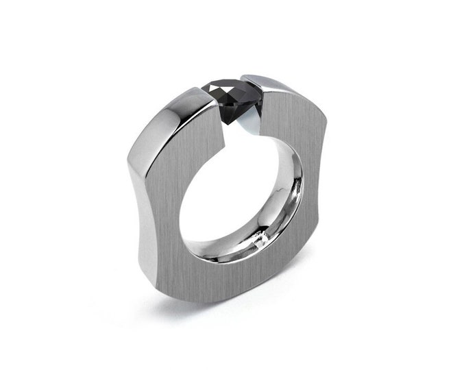 ABBRACCI ergonomic ring with tension set Black Diamond in stainless steel by Taormina Jewelry