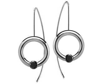 Black Diamond  tension set round drop earrings in stainless steel by Taormina Jewelry