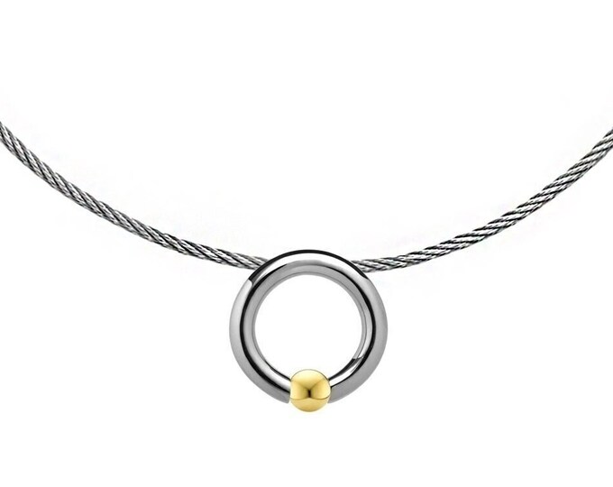 LUNA round tubular pendant with tension set gold sphere on a cable choker in stainless steel by Taormina Jewelry