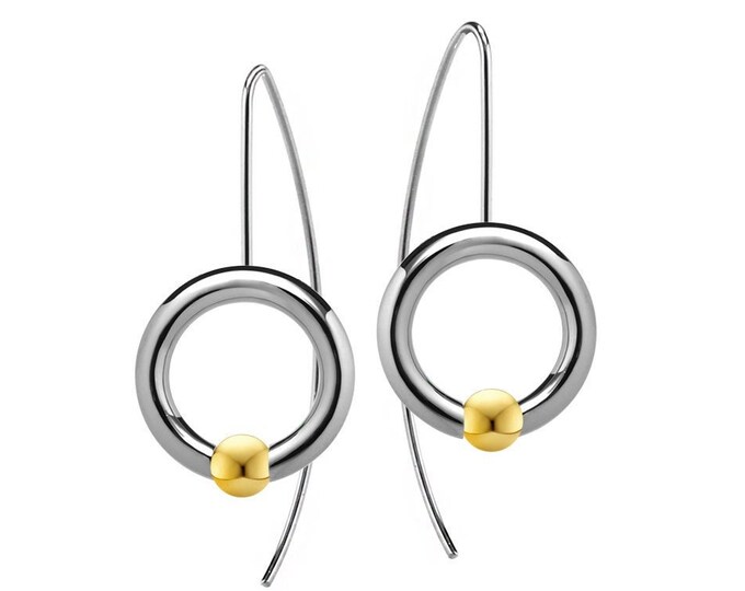 Tension set Gold spheres in a round drop earrings in stainless steel by Taormina Jewelry