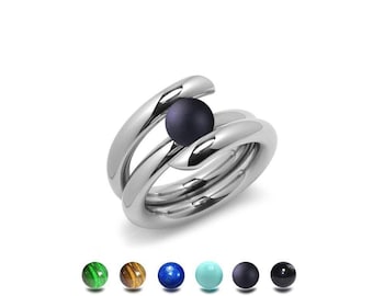 ILIANA High rise setting tubular bypass ring with tension set semiprecious sphere in stainless steel by Taormina Jewelry