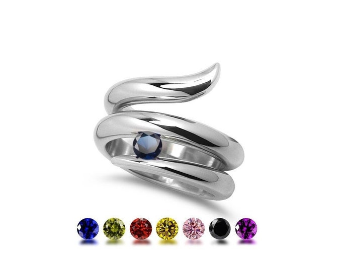 ONDE Snake shaped ring with a tension set colored gemstones in stainless steel by Taormina Jewelry