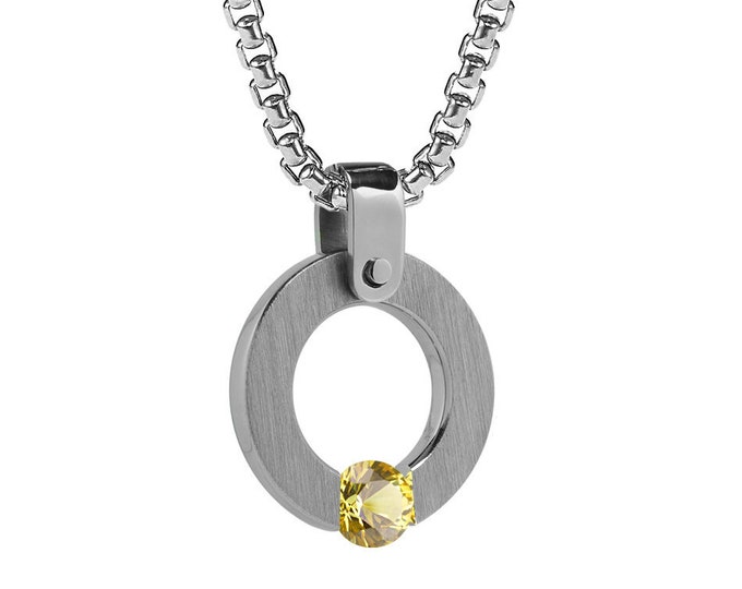 Yellow Sapphire Tension Set Round Pendant in Stainless Steel by Taormina Jewelry