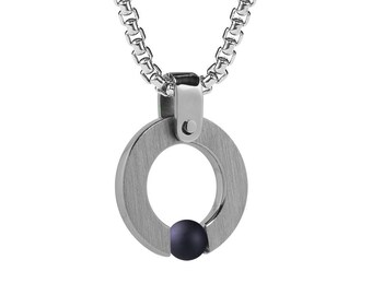 Tension set Obsidian Circle Flat Pendant in Stainless Steel by Taormina Jewelry