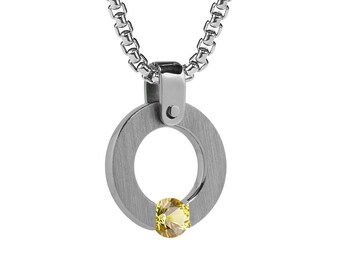 Yellow Sapphire Tension Set Round Pendant in Stainless Steel by Taormina Jewelry