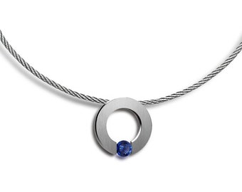 Cable or cord choker with stainless steel flat ring and tension set Blue Sapphire by Taormina Jewelry