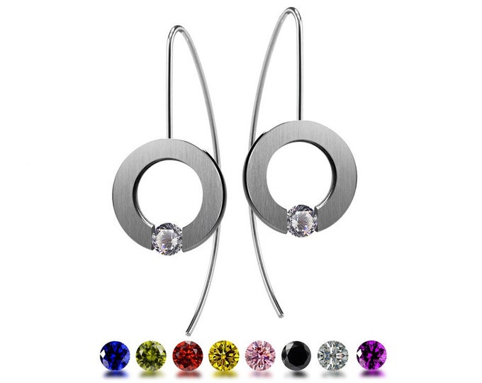 ABBRACCI tension set round flat drop earrings with tension set gemstones in stainless steel by Taormina Jewelry