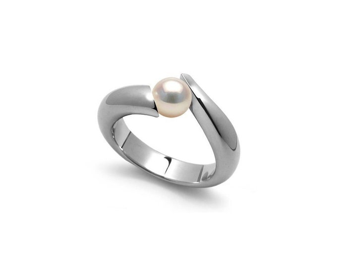 ONDE Swirl Bypass ring with tension set white pearls in stainless steel by Taormina Jewelry