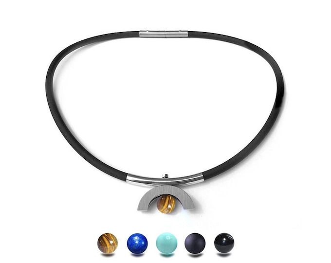 Mayan inspired modern tubular black rubber necklace with semiprecious sphere in stainless steel by Taormina Jewelry