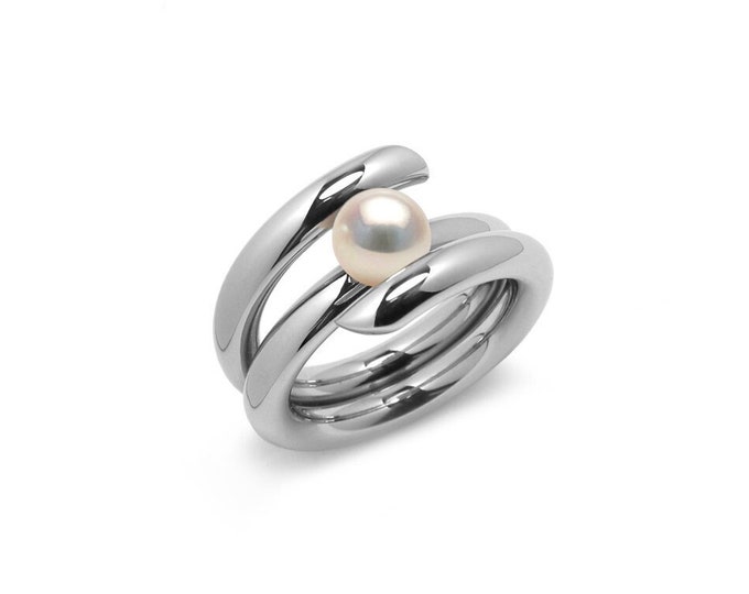 ILIANA High rise setting tubular bypass ring with tension set White Pearl in stainless steel by Taormina Jewelry