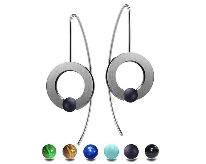 ABBRACCI Drop flat earrings with tension set semiprecious spheres in stainless steel by Taormina Jewelry